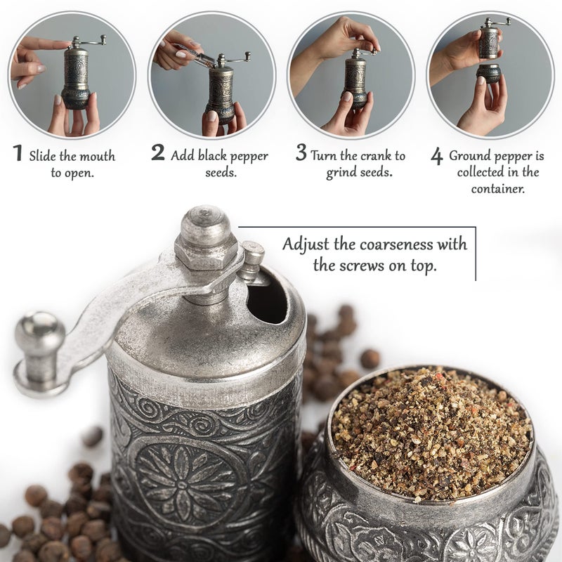Crystalia Decorative Black Pepper Grinder, Refillable Turkish Spice Mill with Adjustable Coarseness, Manual Pepper Mill with Handle, Spice Grinder Metal with Hand Crank, Dark Silver - Image 2