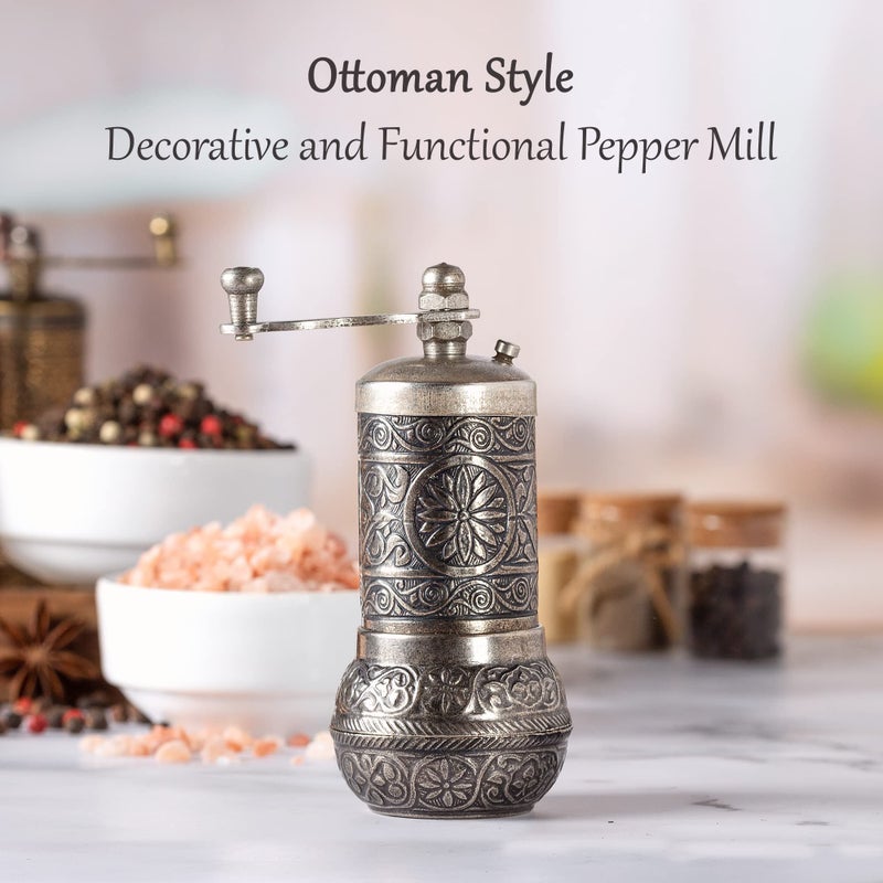 Crystalia Decorative Black Pepper Grinder, Refillable Turkish Spice Mill with Adjustable Coarseness, Manual Pepper Mill with Handle, Spice Grinder Metal with Hand Crank, Dark Silver - Image 3