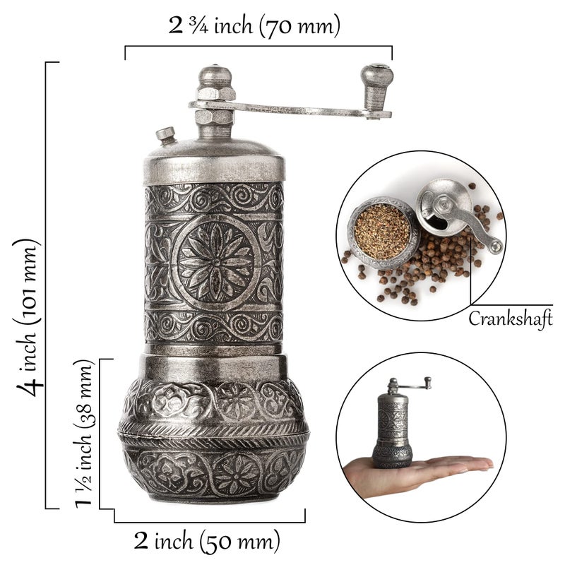 Crystalia Decorative Black Pepper Grinder, Refillable Turkish Spice Mill with Adjustable Coarseness, Manual Pepper Mill with Handle, Spice Grinder Metal with Hand Crank, Dark Silver - Image 5
