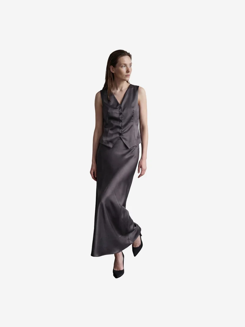MY FASHION V-Neck Vest & Maxi Skirt Satin Two-Piece Set