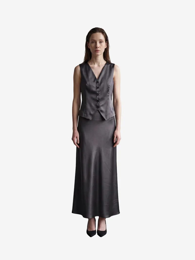 My Fashion Dark Grey MY FASHION V-Neck Vest & Maxi Skirt Satin Two-Piece Set for Women | Best Price UAE