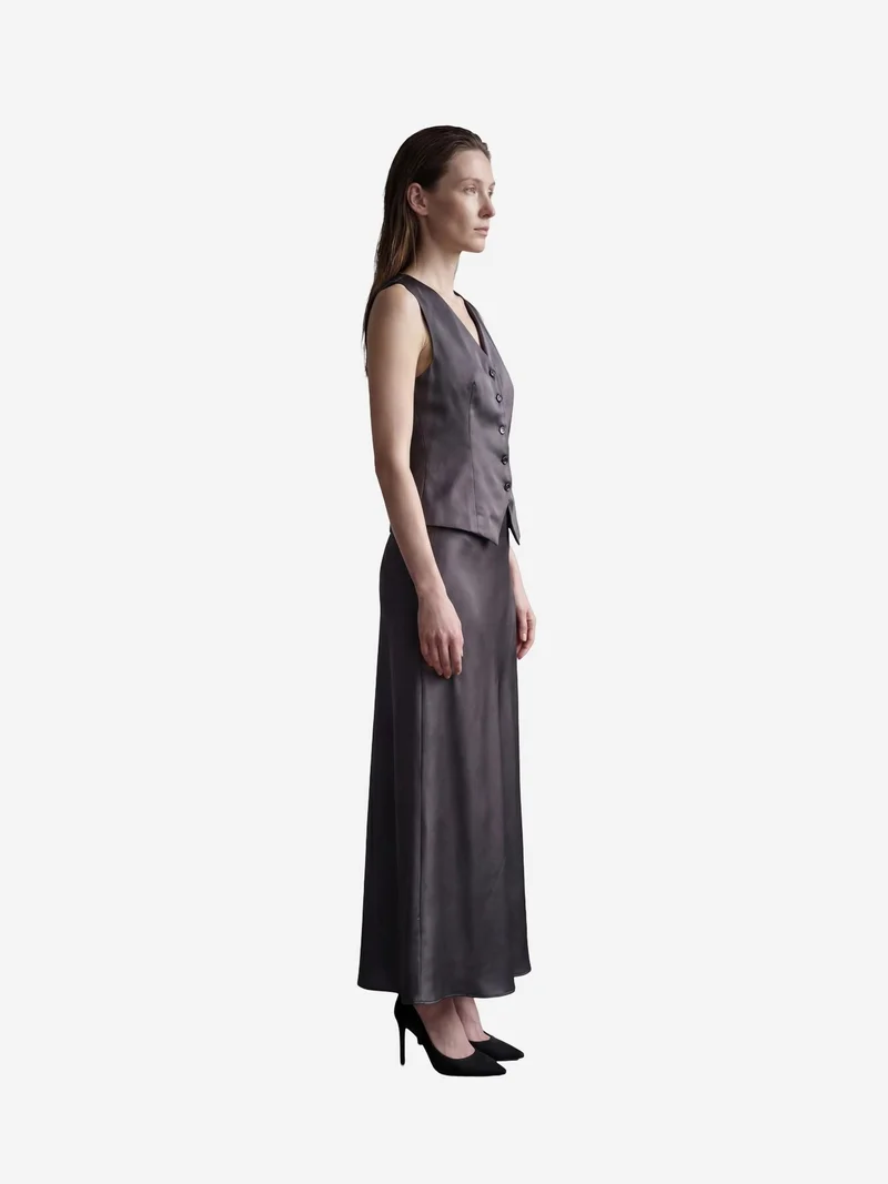 My Fashion Dark Grey MY FASHION V-Neck Vest & Maxi Skirt Satin Two-Piece Set for Women | Best Price UAE