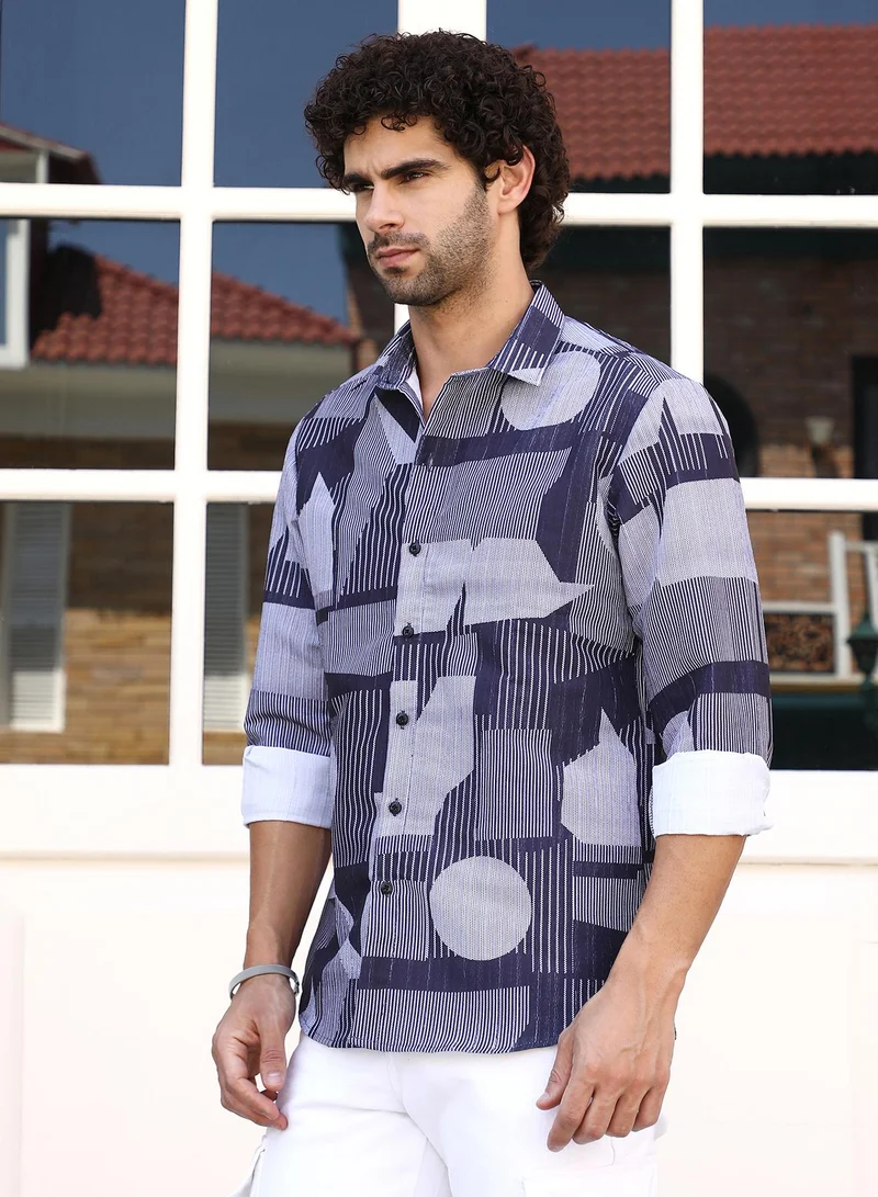 كامبوس سوترا Men's Navy Blue Geometric-Overflow Regular Shirt