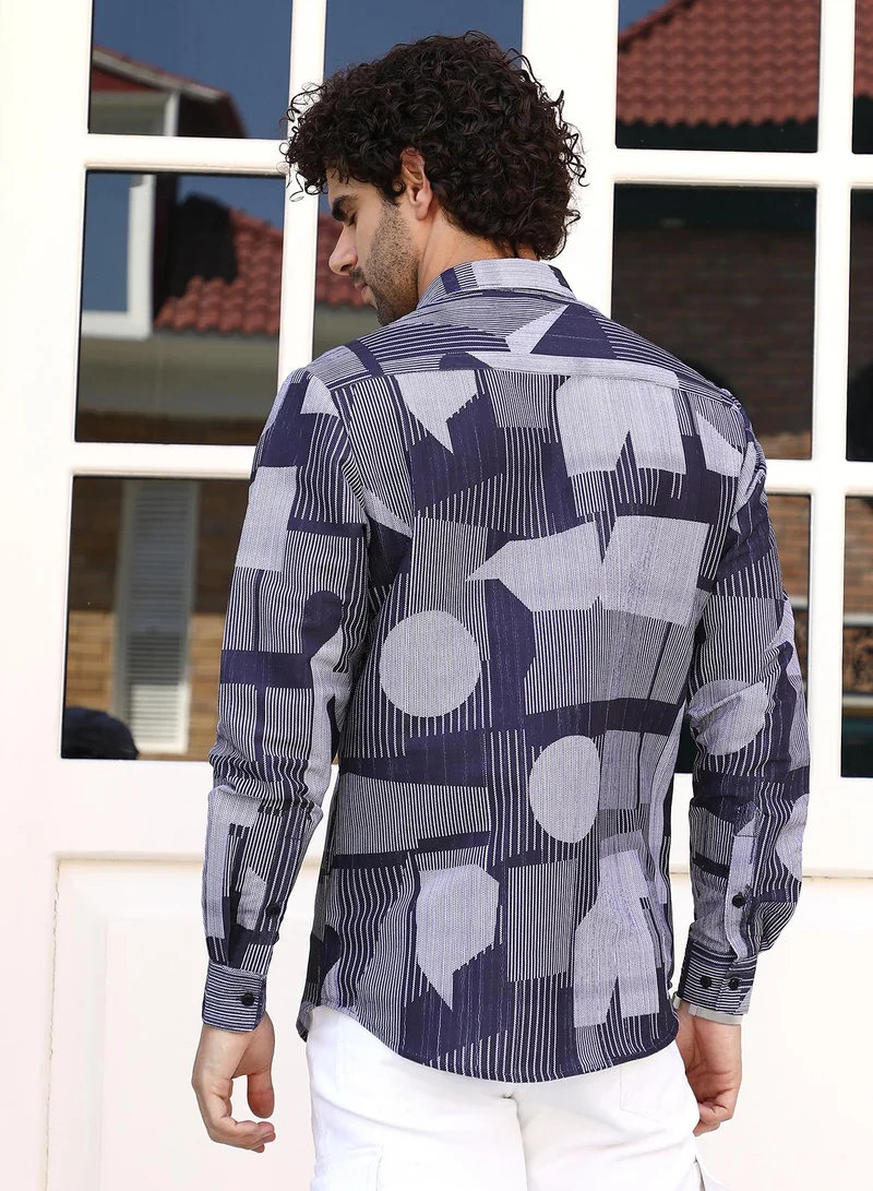كامبوس سوترا Men's Navy Blue Geometric-Overflow Regular Shirt
