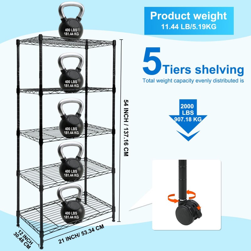 Whitmor 5 Tier Shelving Unit, Adjustable Storage Shelves with Wheels, Wire Shelving, 400 lbs Capacity per Shelf, Max 2000 lbs Total for Laundry, Garage, Plant, 21" L x 12" W x 54" H, Black - Image 4