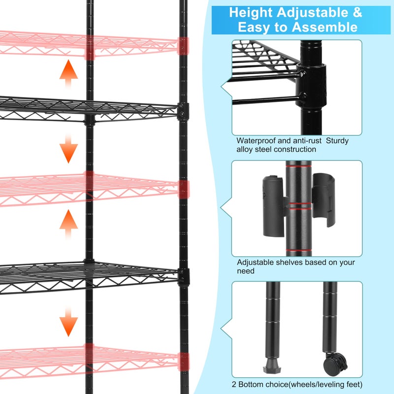 Whitmor 5 Tier Shelving Unit, Adjustable Storage Shelves with Wheels, Wire Shelving, 400 lbs Capacity per Shelf, Max 2000 lbs Total for Laundry, Garage, Plant, 21" L x 12" W x 54" H, Black - Image 3