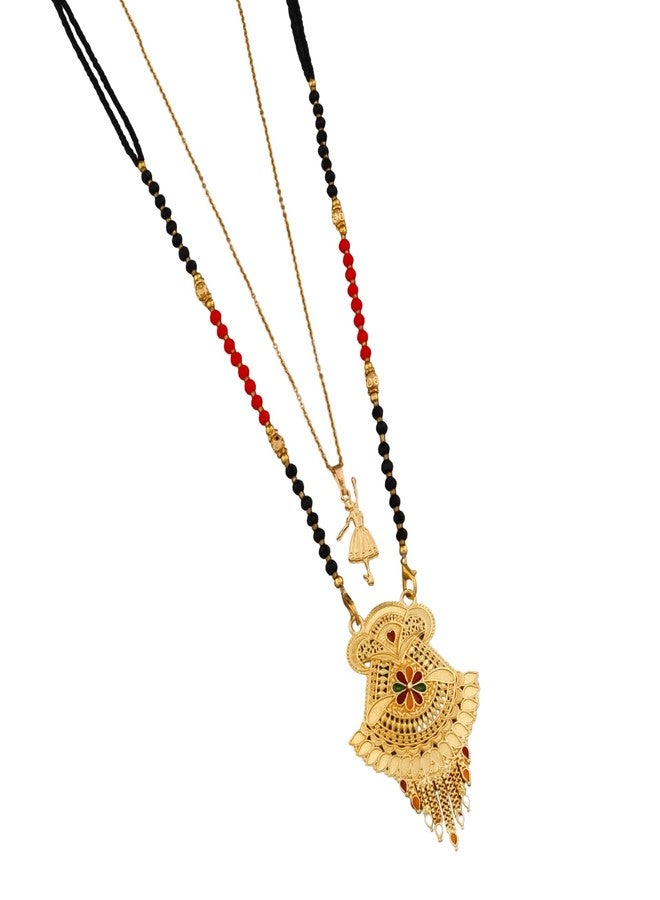 MALKYN Women's Gold Plated Traditional Indian Mangalsutra with Enamel Work and Delicate Ballerina Pendant Layered Necklace Set, Black Beaded Wedding Jewelry-MD-069 - Image 1