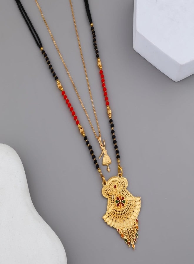 MALKYN Women's Gold Plated Traditional Indian Mangalsutra with Enamel Work and Delicate Ballerina Pendant Layered Necklace Set, Black Beaded Wedding Jewelry-MD-069 - Image 2