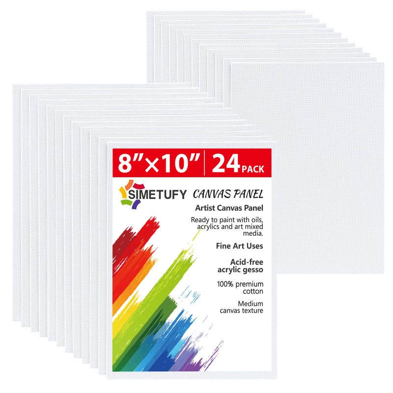 Simetufy Canvas Boards for Painting 8 x 10 inch, 24 Pack Flat Painting Canvas Panels, 8oz Gesso Primed Acid-Free 100% Cotton for Acrylic, Oil Watercolor Paint - Image 1