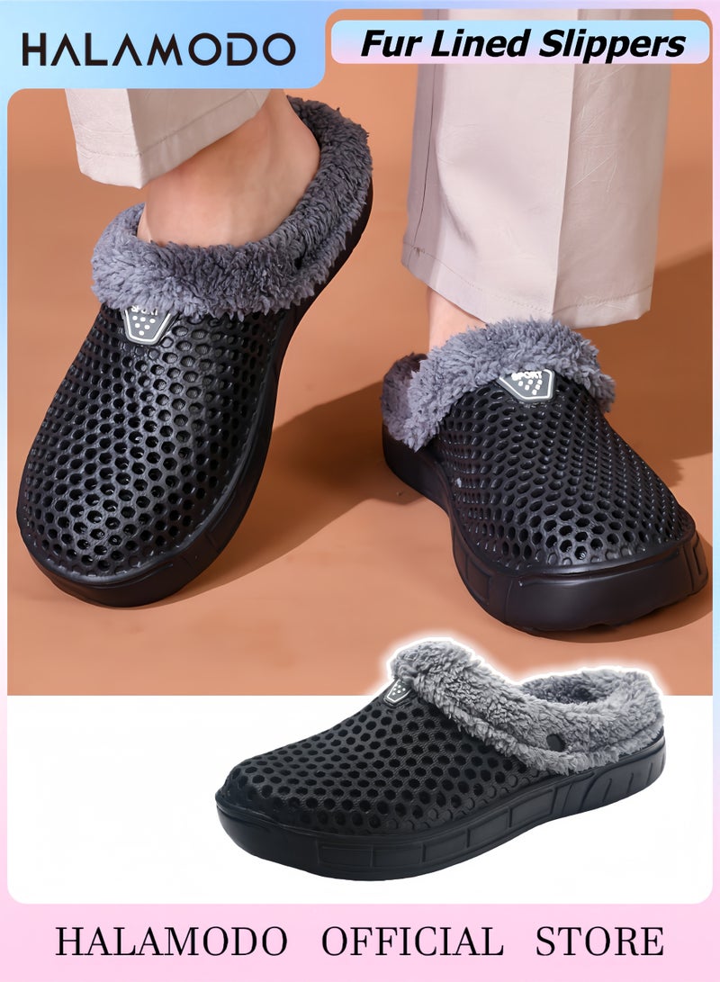 HALAMODO Unisex Winter Fur Lined Slippers Mesh Lining Shoes with Nonslip Soles Walking Garden Clogs Warm House Slippers for Indoor and Outdoor Use - Image 1