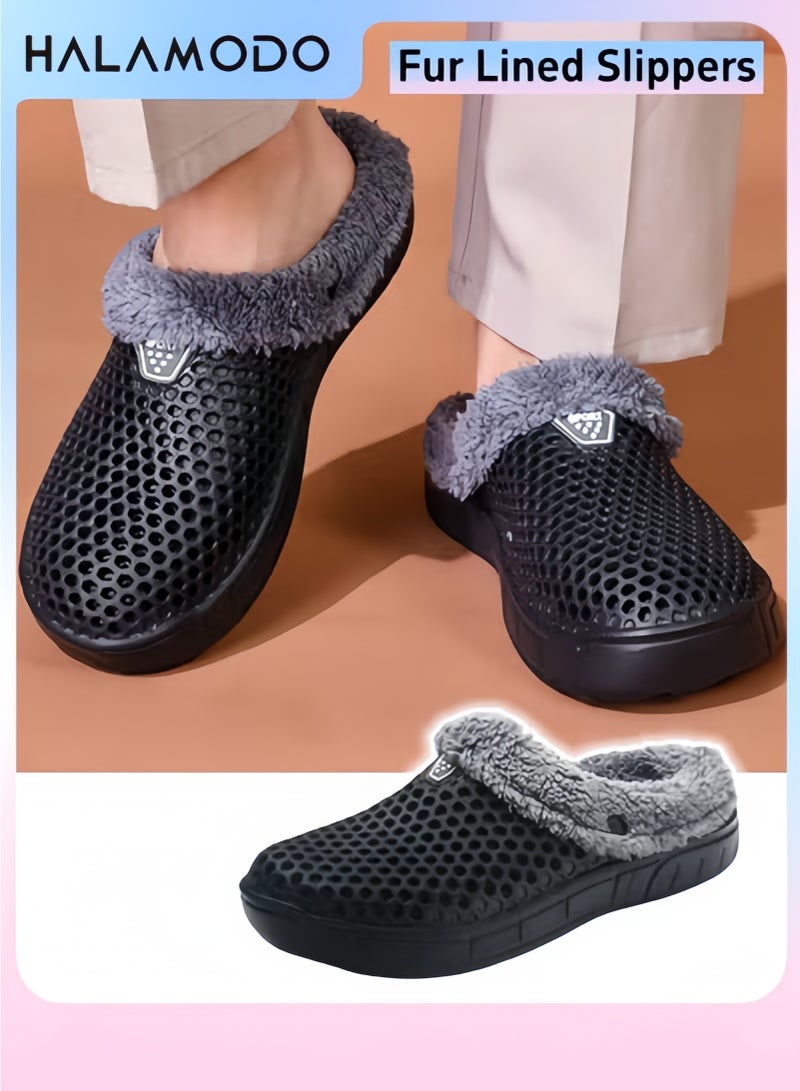 Halamodo Unisex Winter Fur Lined Slippers Mesh Lining Shoes with Nonslip Soles Walking Garden Clogs Warm House Slippers for Indoor and Outdoor Use - Image 1