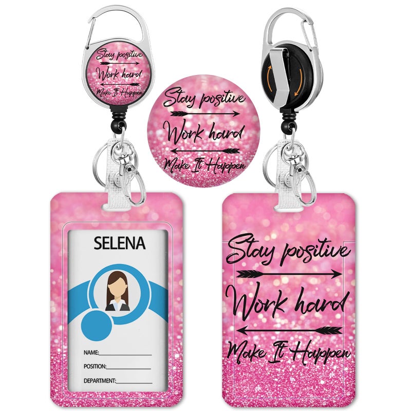 lebrocoli Positive Badge Holder with Retractable Reel, Funny Id Card Badge Case with Carabiner Clip Heavy Duty, Vertical Card Name Tag Badge Protector Cover for Work Office Nurse Teacher Women Student Gifts - Image 1