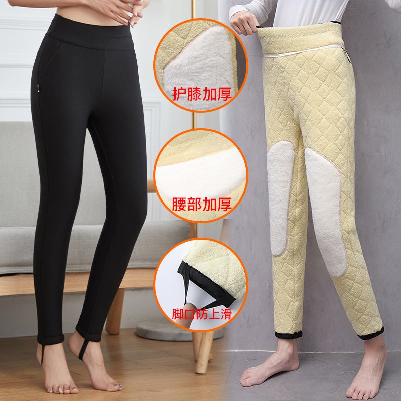 Thick Velvet High-Waist Winter Warm Leggings extra-thick silk lamb cotton trousers [waist and knee pads]] 