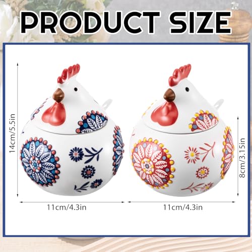 LemonRoad 2 Pcs Ceramic Salt Cellar with Lid and Spoon 13oz Large Chicken Rooster Cookie Jar Salt Containers Holder for Countertop Spices Ideal for Adding Charm to Kitchen Christmas DecorRedBlue - Image 3