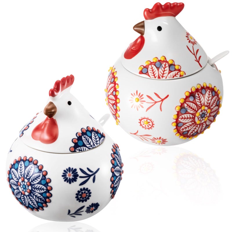 LemonRoad 2 Pcs Ceramic Salt Cellar with Lid and Spoon 13oz Large Chicken Rooster Cookie Jar Salt Containers Holder for Countertop Spices Ideal for Adding Charm to Kitchen Christmas DecorRedBlue - Image 2