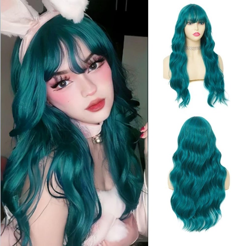 Womens Blue Long Curly Wig with Bangs Navy Natural Wavy Wave Hair Wigs Synthetic Heat Resistant Fiber Cosplay Halloween Wig