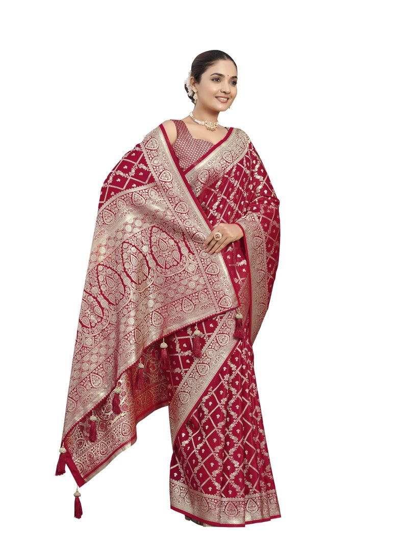 MANOHARI Women's Most Trendy Banarasi Satin Silk Woven Red Saree With Heavy Jacquard Work Saree With Blouse Piece_MN2024 - Image 1
