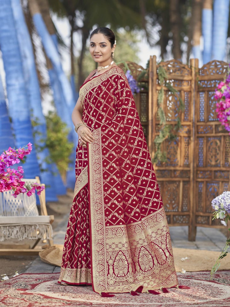MANOHARI Women's Most Trendy Banarasi Satin Silk Woven Red Saree With Heavy Jacquard Work Saree With Blouse Piece_MN2024 - Image 3