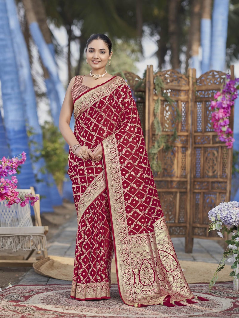 MANOHARI Women's Most Trendy Banarasi Satin Silk Woven Red Saree With Heavy Jacquard Work Saree With Blouse Piece_MN2024 - Image 2