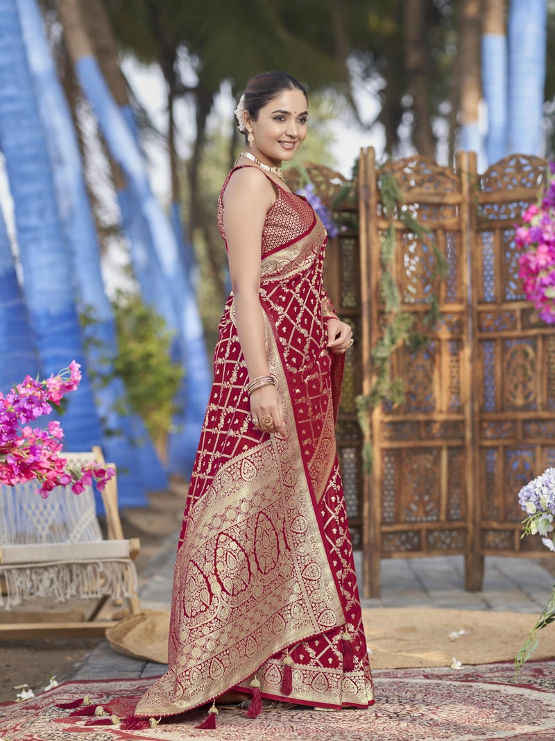 MANOHARI Women's Most Trendy Banarasi Satin Silk Woven Red Saree With Heavy Jacquard Work Saree With Blouse Piece_MN2024 - Image 5