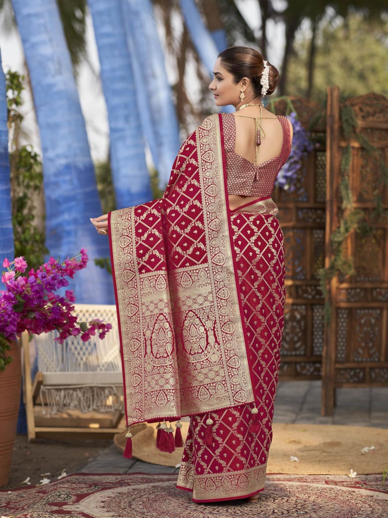 MANOHARI Women's Most Trendy Banarasi Satin Silk Woven Red Saree With Heavy Jacquard Work Saree With Blouse Piece_MN2024 - Image 4