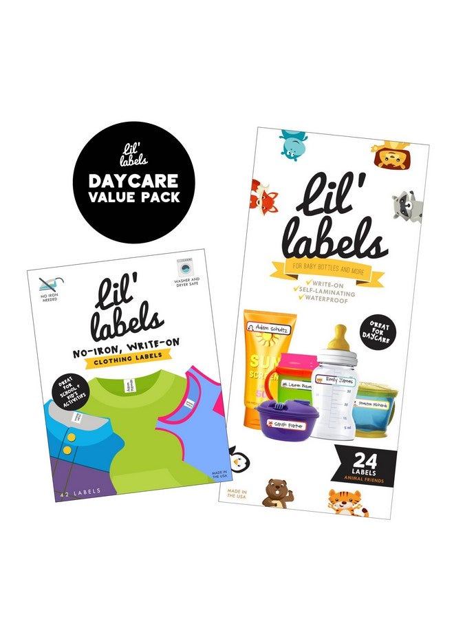 Lil' Labels Daycare Value Pack - Write On Name Labels, Waterproof (Animal Friends) + (Bright White) - Image 1