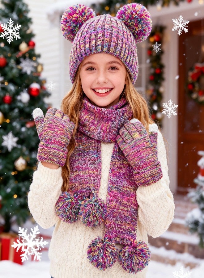 Asekonc Kids Winter Hat Gloves Scarf Set, Girls Winter Hat Beanie with Pom Knit Warmer Christmas Gifts - Image 3