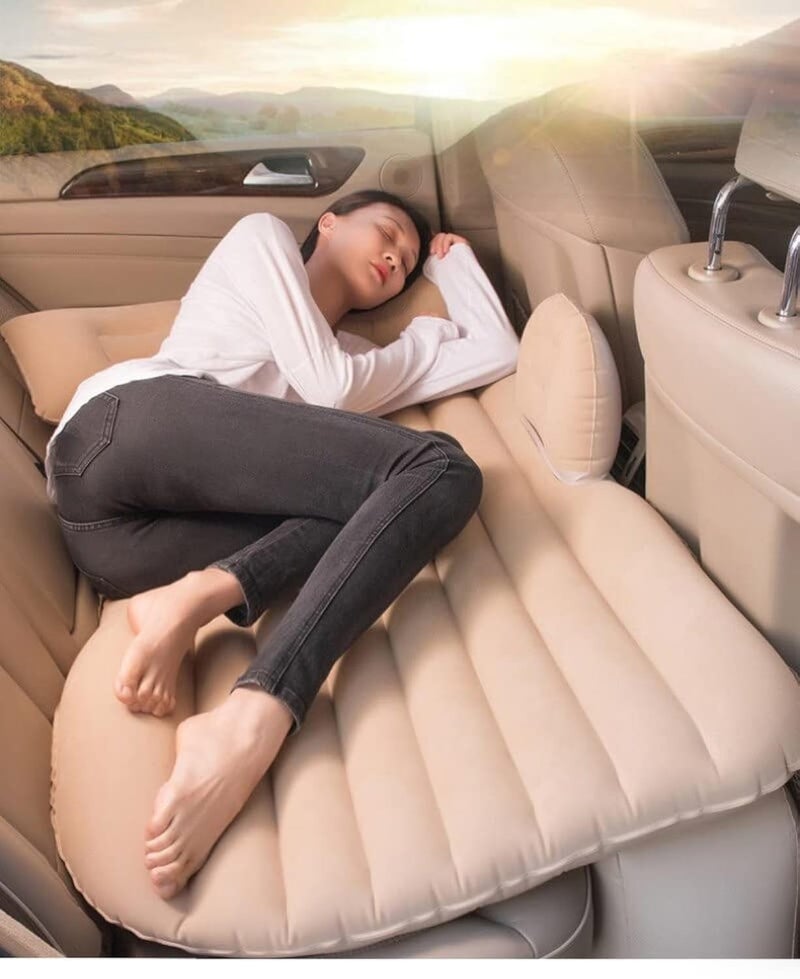 BROGBUS ABS Plastic Car Travel Vehicle Inflatable Cushion Mattress With Two Air Pillows Car Air Pump And Repair Tikki Beige Full - Image 1
