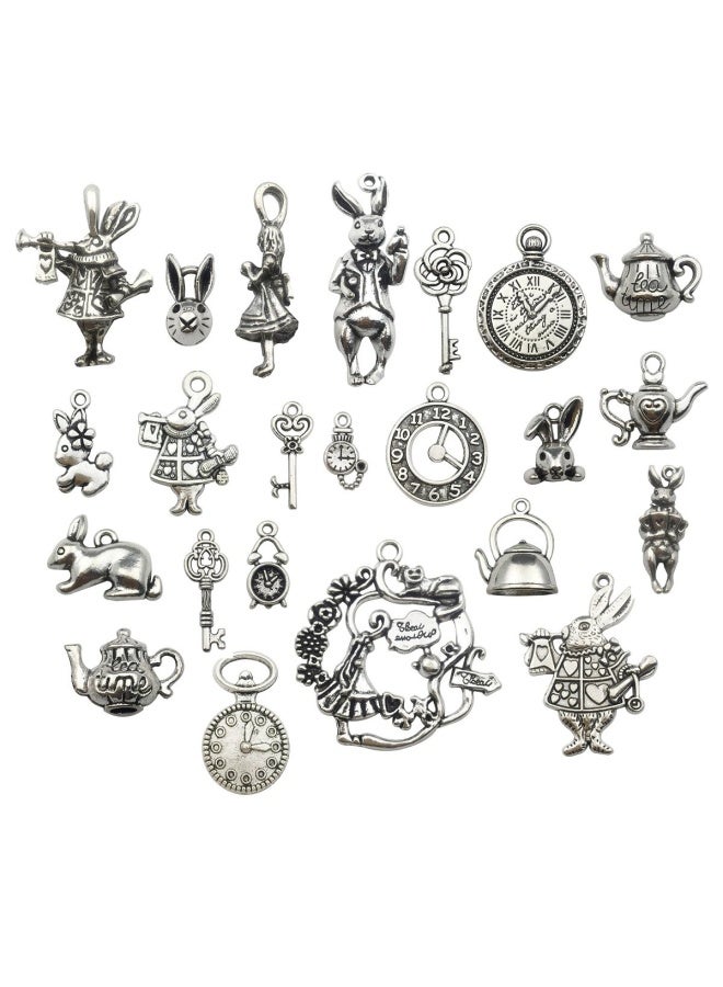 40 Pieces Antique Silver Alice In Wonderland Fairy Tales Tea Party Steampunk Victorian Necklace Bracelet Charms Antique Silver - Image 1