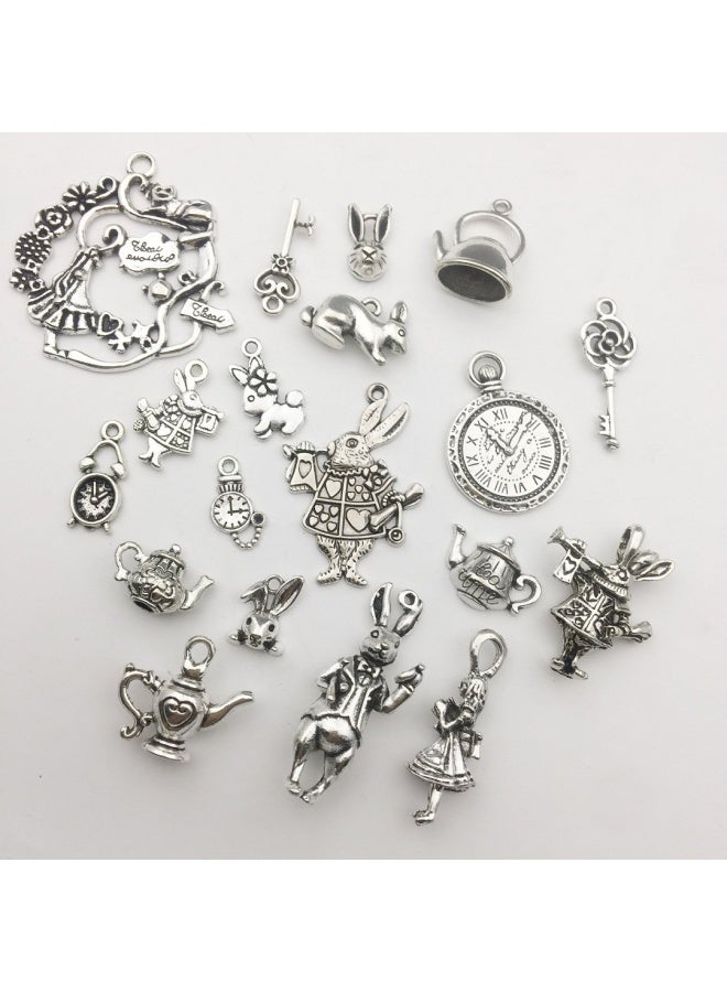 40 Pieces Antique Silver Alice In Wonderland Fairy Tales Tea Party Steampunk Victorian Necklace Bracelet Charms Antique Silver - Image 2