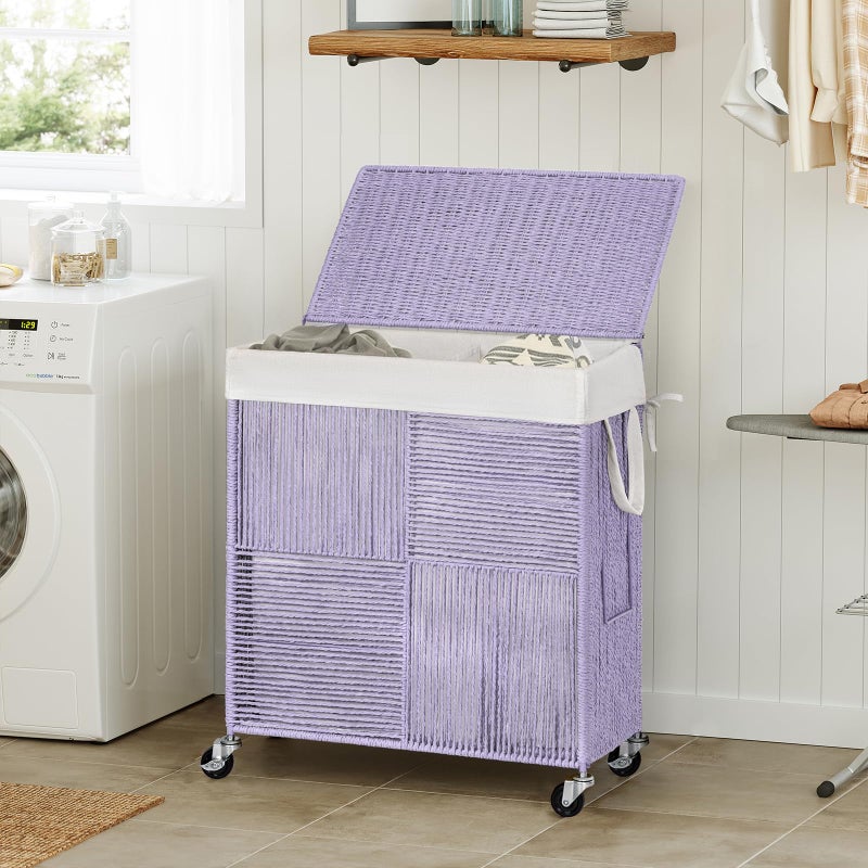 WOWLIVE Double Laundry Hamper with Lid, Handwoven Rolling Laundry Basket with Wheels, 115L Dirty Clothes Hamper with Removable Liner Bag Large Capacity Laundry Sorter Laundry Room Organization,Purple - Image 2