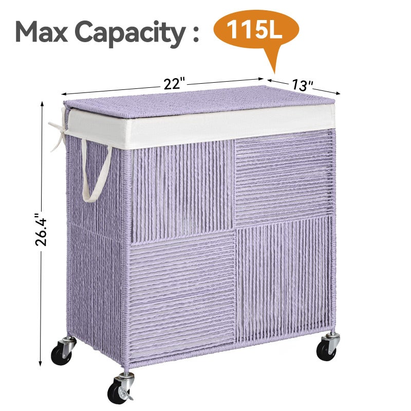 WOWLIVE Double Laundry Hamper with Lid, Handwoven Rolling Laundry Basket with Wheels, 115L Dirty Clothes Hamper with Removable Liner Bag Large Capacity Laundry Sorter Laundry Room Organization,Purple - Image 4