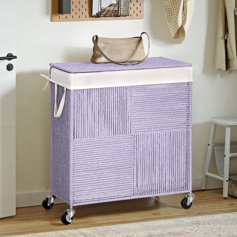 WOWLIVE Double Laundry Hamper with Lid, Handwoven Rolling Laundry Basket with Wheels, 115L Dirty Clothes Hamper with Removable Liner Bag Large Capacity Laundry Sorter Laundry Room Organization,Purple - Image 3