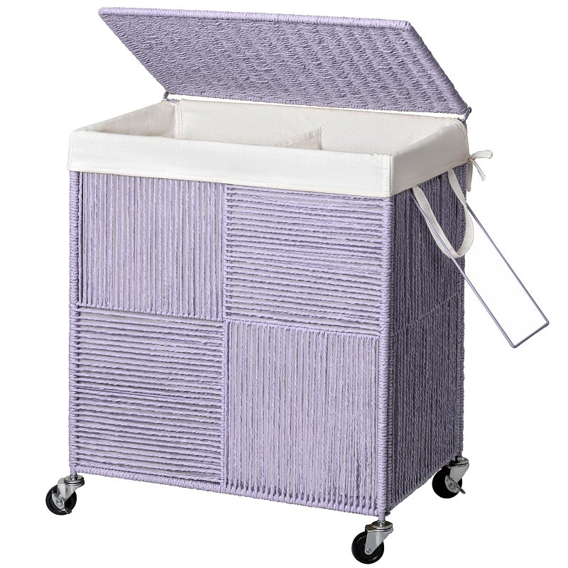 WOWLIVE Double Laundry Hamper with Lid, Handwoven Rolling Laundry Basket with Wheels, 115L Dirty Clothes Hamper with Removable Liner Bag Large Capacity Laundry Sorter Laundry Room Organization,Purple - Image 1