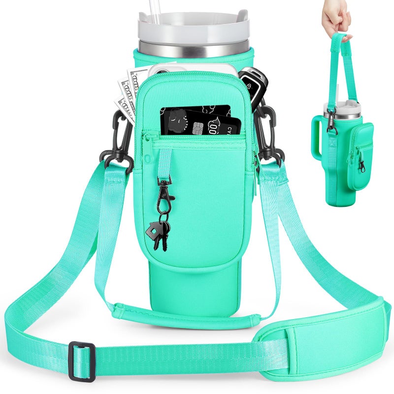 BULKITEM 30oz Water Bottle Carrier Bag with Phone Pocket for Green Stanley 30 oz Tumbler with Handle Green Insulated Neoprene Cup Holder Pouch Strap for Valentines Stanley Cup Accessories - Image 2