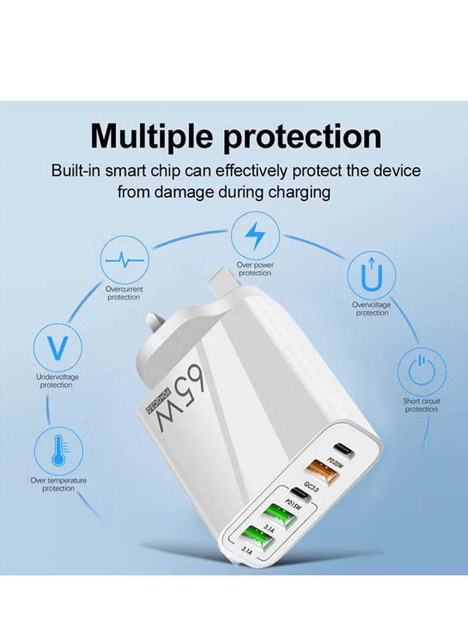 ELTRAZONE Universal 65W 5 USB Port GaN Charger USB C Power Adapter, Charge Up to 5 Devices at Once, 2x USB-C and 3x USB-A Ports, Compatible with Mobile Phones, Tablets, Laptops, and More | CRO-C65W-WHIT  - Image 3