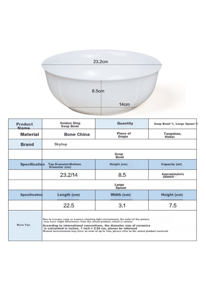 Sky Top White Ceramic Large Soup Bowl Bone China Creative Household Moving Large Capacity 9-inch Golden Ding Bowl - Image 1