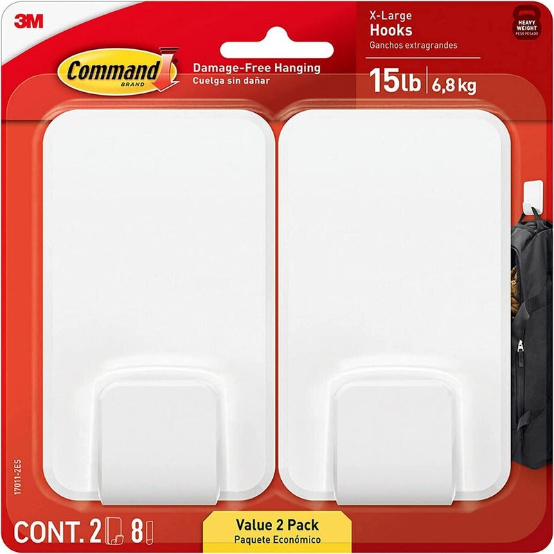 Command Command 15 Lb XL Heavyweight Wall Hook, Damage Free Hanging Wall Hook with Adhesive Strips, Heavy Duty Single Wall Hook for Hanging Back to School Organizers, 2 White Hooks and 8 Command Strips - Image 1