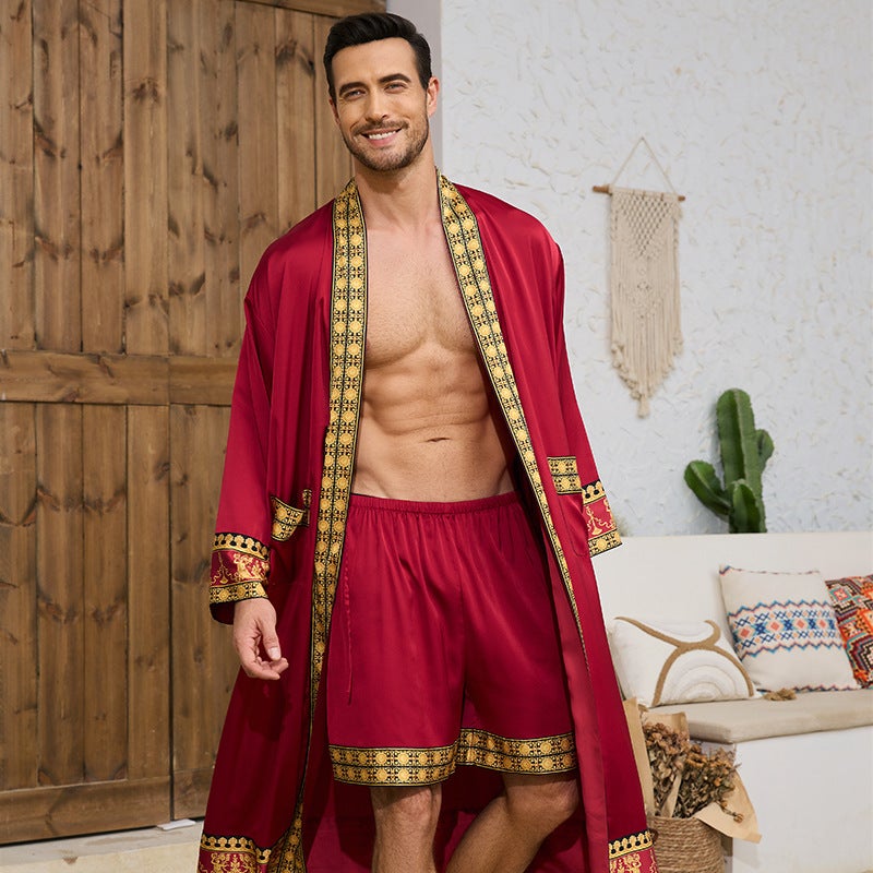 طقم روب وشورت رجالي بنمط باروكي ساتان بأكمام طويلة ورقبة V للمنزل - Image 4