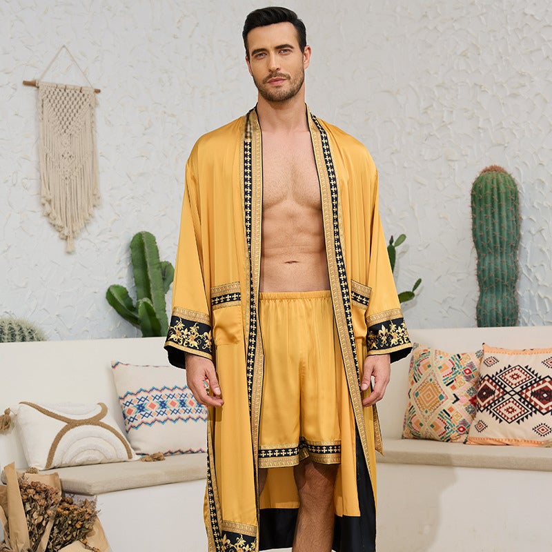 طقم روب وشورت رجالي بنمط باروكي ساتان بأكمام طويلة ورقبة V للمنزل - Image 5