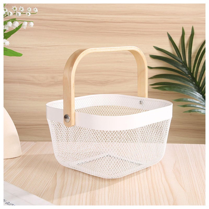 AJIODA Metal Mesh Wire Basket Mini Steel Basket with Wooden Handle Storage Organizer Basket Multifunctional Hanging Kitchen Baskets Fruit Baskets for Kitchen Bathroom Cabinet Pantry Snacks White - Image 2