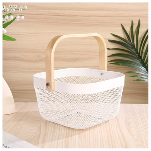 AJIODA Metal Mesh Wire Basket Mini Steel Basket with Wooden Handle Storage Organizer Basket Multifunctional Hanging Kitchen Baskets Fruit Baskets for Kitchen Bathroom Cabinet Pantry Snacks White - Image 1