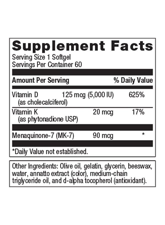 Metagenics فيتامين د3 + ك - لدعم المناعة، صحة العظام وصحة القلب* - فيتامين د مع MK-7 (فيتامين ك2) - غير معدّل وراثيًا - خالي من الجلوتين - 60 كبسولة لينة - 5,000 وحدة دولية - Image 2