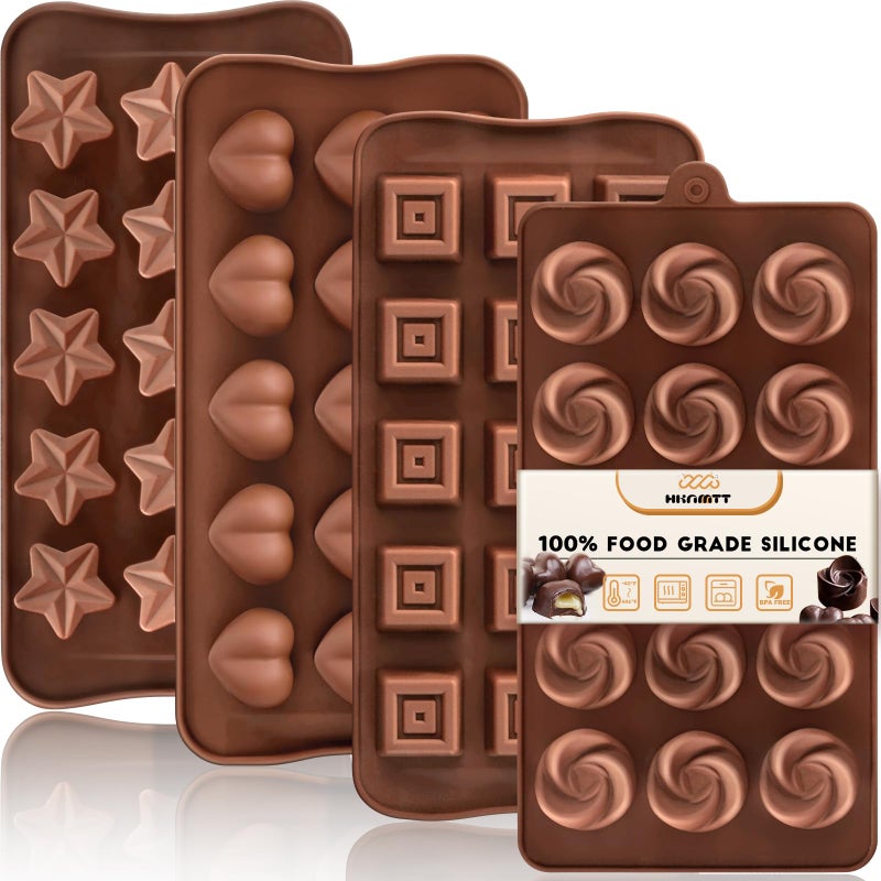 HKNMTT Chocolate Molds Silicone for Hard Candy Butter, 4 Pcs Small Bite Size Heart Star Sqaure Shapes Truffle Caramel Mould, Homemade Wax Melts Food Grade Baking Set Oven Safe Kit - Image 1