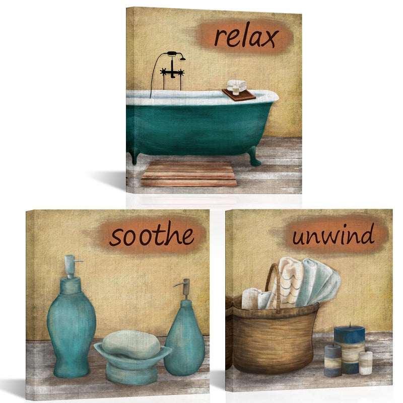 Zlove Bathroom Wall Decor Relax Unwind Soothe Wall Art Vintage Bathtub Picture Prints for Spa Washroom Toilet Decor, 12"x12", 3Pcs - Image 1