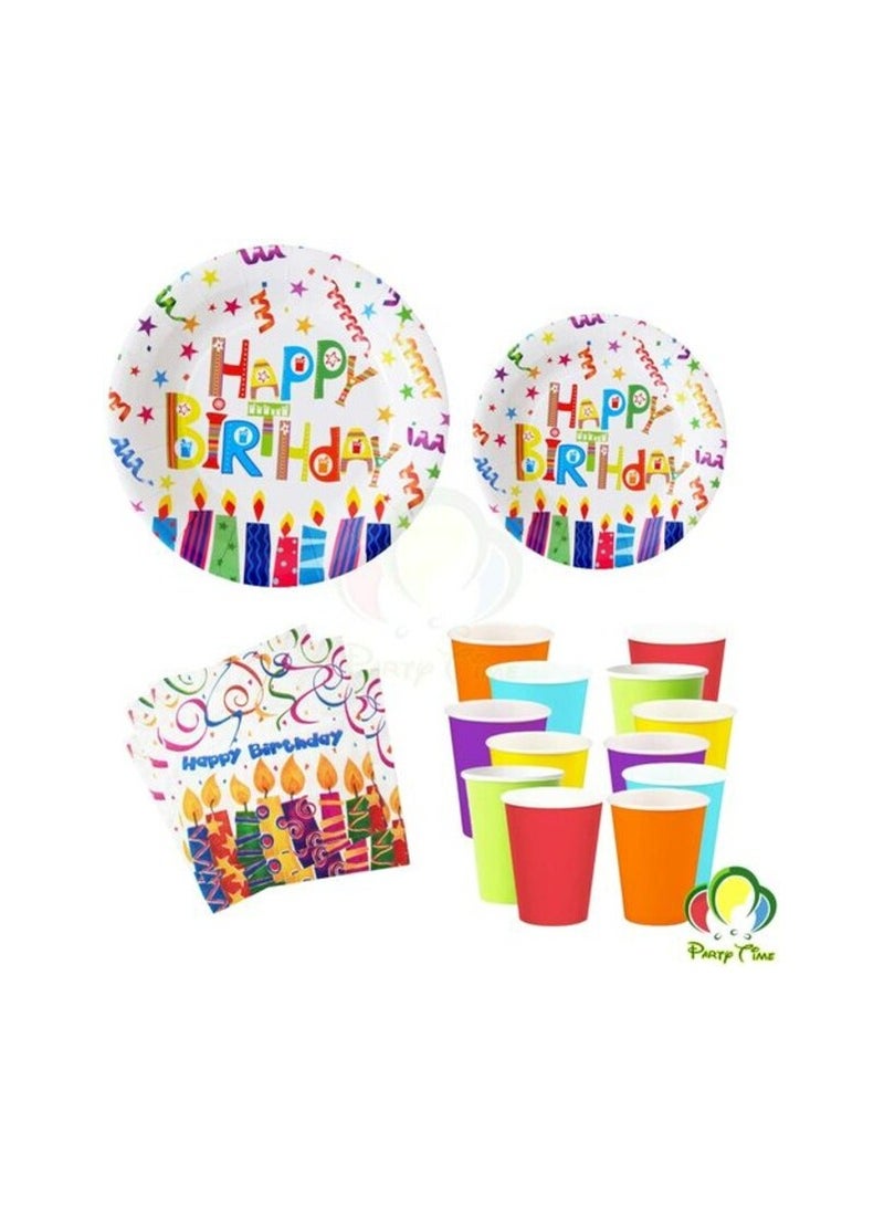 بارتي تايم 48 قطعة من أطباق ورق العشاء الملونة مقاس 9 بوصات، وأطباق ورقية للحلويات مقاس 7 بوصات، وأكواب سعة 9 أونصة، ومناديل من طبقتين - مجموعة أدوات مائدة لحفلات عيد ميلاد سعيد - شموع ملونة وقصاصات م