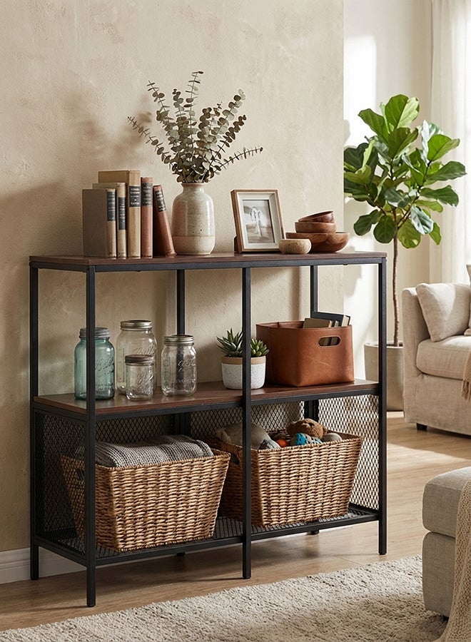 ebb & flow Straw Yellow and Black color Sideboard Cabinet, Kitchen Cabinet, Storage Cabinet with 2 wood shelves and 2 Iron mesh Doors Suitable for Living Room, Kitchen, Dining Room, Steel Frame, Industrial Style - Image 1