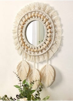 Excefore Hanging Wall Mirror, Boho Macrame Fringe Round Decorative Mirror with Wood Beads Feather Pendant, Art Ornament for Apartment Home Bedroom Living Room Decoration and Gift (Ivory)  - Image 2