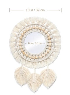 Excefore Hanging Wall Mirror, Boho Macrame Fringe Round Decorative Mirror with Wood Beads Feather Pendant, Art Ornament for Apartment Home Bedroom Living Room Decoration and Gift (Ivory)  - Image 5