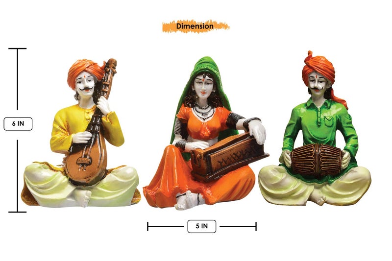 Karigaari India Handcrafted Polyresine Set of 3 Rajasthani Musicians Showpiece Multicolour Ethnic Figurine Decorative Traditional Art Statue for Home Living Room Office Festive Gifting Decor - Image 3